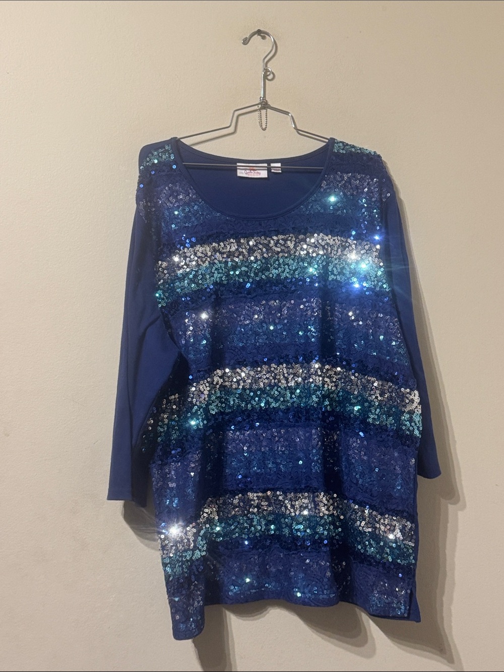 Plus size scoop neck blue Quaker Factory sequin & lace blouse sz 3x